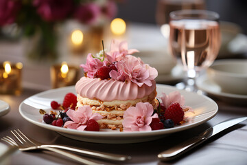 Fototapeta na wymiar Sponge cake with fresh berries and pink flowers on a white plate