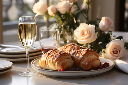 Romantic breakfast with croissants and wine on table in cafe. Elegant table setting with candles and flowers in restaurant. Selective focus.