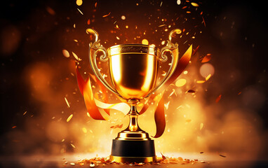 Champion golden trophy for winner background. Success and achievement concept With an empty side space of the design