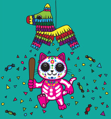 Cute cartoon Mexican cat under piñata