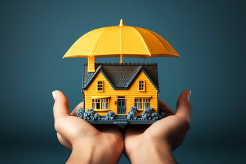 Home insurance residential home, real estate mortgage protection security safety business investment concept. House under umbrella in human palms on blue studio background. Copy paste, place for text  - obrazy, fototapety, plakaty