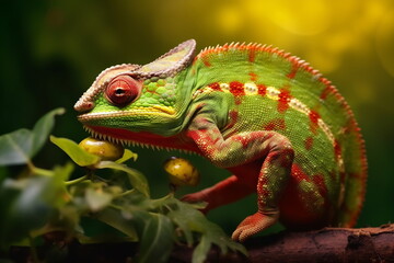 Fototapeta premium Lizard chameleon on green floral background