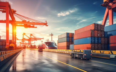 Container truck in ship port for business Logistics and transportation of Container Cargo ship and Cargo plane with working crane bridge in shipyard