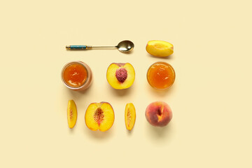 Composition with tasty peach jam and fresh fruits on color background
