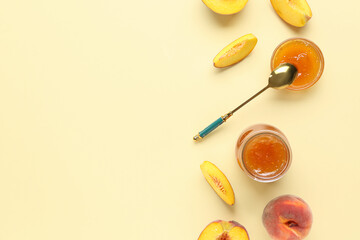 Composition with tasty peach jam and fresh fruits on color background