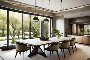 An elegant dining room in a contemporary home, with a long, polished table and large windows framing a verdant garden 