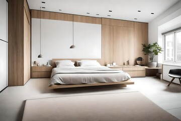A minimalist bedroom in a contemporary residence, adorned with neutral tones and crisp, clean lines 