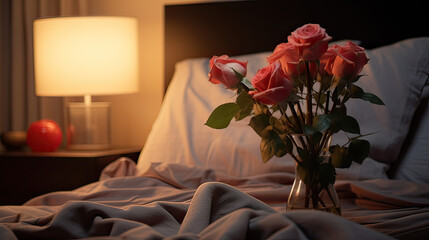 A rose under soft, romantic bedroom lighting. AI generative