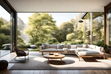 Fototapeta premium An inviting outdoor patio in a contemporary home, featuring minimalist furniture and a view of the serene garden 