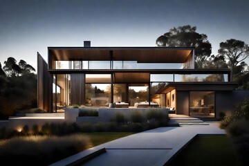 The sleek exterior of a modern home, bathed in soft evening light, showcasing its architectural elegance 