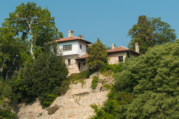 Fototapeta na wymiar A Beautiful Black Sea Landscape of Two Houses Hidden by Trees and Surrounded by a High Fortification Wall