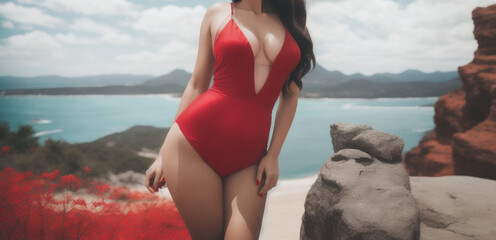  a woman in a red lingerie posing for a picture - obrazy, fototapety, plakaty