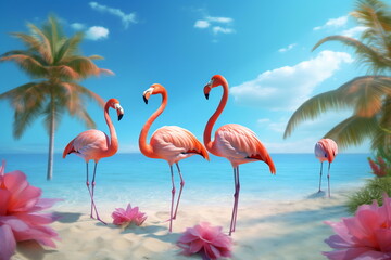 Fototapeta premium Flamingos standing in the water in a fancy world with palm trees