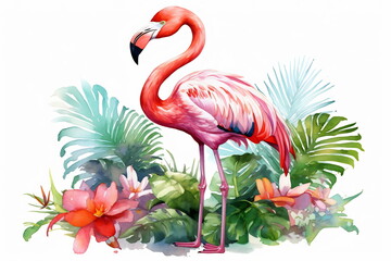 Fototapeta premium Pink flamingo on a white background. Illustration