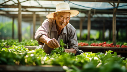 elderly asia farmer harvesting vegetables in greenhouse made with generative AI
