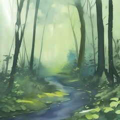 Delicate watercolor illustration of magical green forest, cute picture. Road through the light forest.