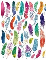 Watercolor clipart set of cute colorful feathers. Beautiful feathers of rainbow colors isolated on white background.