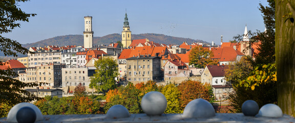 Bystrzyca Klodzka, view from the city park on the city center with the town hall and church tower....