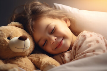 Obraz na płótnie Canvas Cute little girl carefully sleeping and dreaming. Happy Childhood concept. Digital Ai.