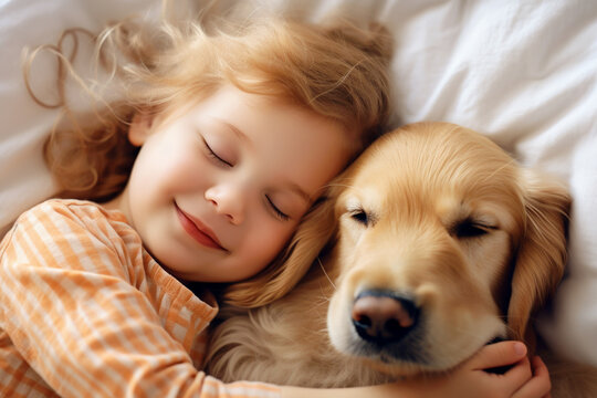 Cute little girl is carefully sleeping and hugging her dog. Happy Childhood, growing up with a pet concept. Digital Ai.
