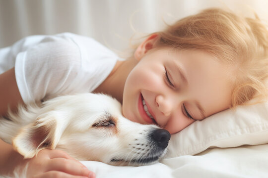 Cute little girl and sleeping dog portrait, growing up with a pet concept, Happy childhood. Digital Ai