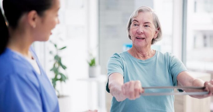 Physiotherapy, arms resistance band and senior woman for rehabilitation, recovery and help for motion training. Physical therapy, professional and physiotherapist stretch with old person and mobility
