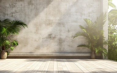 Empty exterior concrete wall with tropical style garden 3d render, decorate with tropical style tree, sunlight on the wall