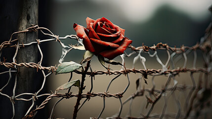 A rose entangled in a rustic wire fence. AI generative