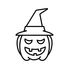 Scary Halloween pumpkin wearing a witch hat on a white background in outline style, Happy Halloween decoration element, vector illustration
