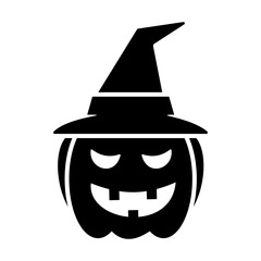 Scary Halloween pumpkin wearing a witch hat on a white background in black silhouette style, Happy Halloween decoration element, vector illustration
