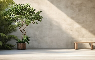 Empty exterior concrete wall with tropical style garden 3d render, decorate with tropical style tree, sunlight on the wall