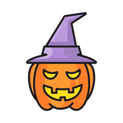 
Scary Halloween pumpkin wearing a witch hat on a white background, Happy Halloween decoration element, vector illustration
