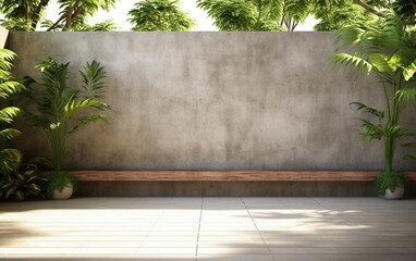 Empty exterior concrete wall with tropical style garden 3d render, decorate with tropical style tree, sunlight on the wall
