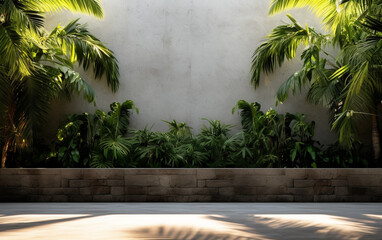 Empty exterior concrete wall with tropical style garden 3d render, decorate with tropical style tree, sunlight on the wall