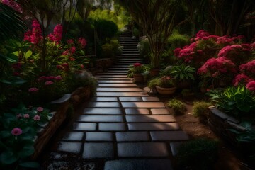 The tranquility of a duplex's garden path, lined with stepping stones and blooming flowers 