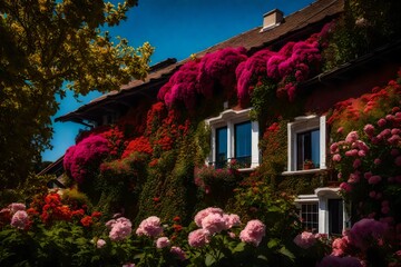 Fototapeta premium An enchanting view of a duplex's exterior, framed by vibrant flowers and a clear blue sky 