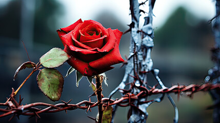 A rose entangled in a rustic wire fence. AI generative