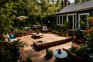 Fototapeta premium A duplex's backyard oasis, complete with a wooden deck and a lush garden 