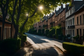 Fototapeta premium A serene view from the windows of a townhouse, capturing the peacefulness of a tree-lined street 