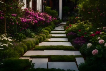 The tranquility of a townhouse's garden path, lined with stepping stones and blooming flowers 