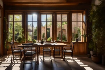 Obraz premium A townhouse's sunlit dining area, with a large window that overlooks a serene courtyard 