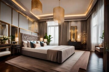 The elegance of a duplex's master bedroom, with a four-poster bed and soft, inviting colors 