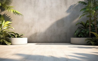 Empty exterior concrete wall with tropical style garden 3d render, decorate with tropical style tree, sunlight on the wall - obrazy, fototapety, plakaty