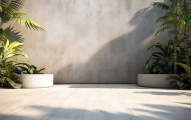 Fotobehang Empty exterior concrete wall with tropical style garden 3d render, decorate with tropical style tree, sunlight on the wall © MUS_GRAPHIC