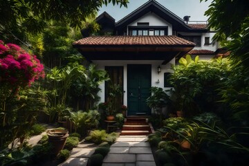 Fototapeta premium The inviting entrance of a duplex, with a charming pathway and well-tended landscaping 