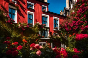 An enchanting view of a townhouse's exterior, framed by vibrant flowers and a clear blue sky 