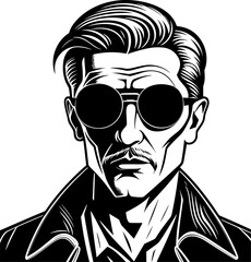 Vintage hand-drawn vector portrait of a man in glasses in black and white, suitable for logo design. EPS-10