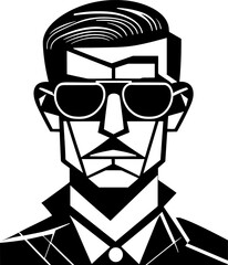Vintage hand-drawn vector portrait of a man in glasses in black and white, suitable for logo design. EPS-10
