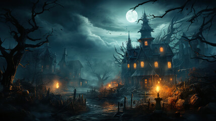 Fototapeta na wymiar Old wooden haunted house in spooky town, moon at scary Halloween night