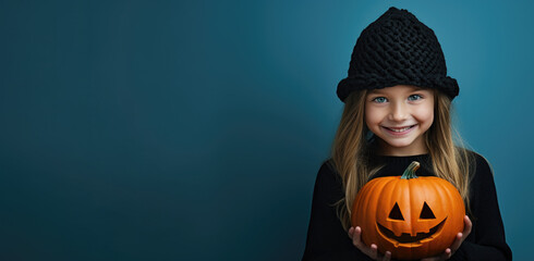 Smiling child and pumpkin, cute little girl on blue background on Halloween,